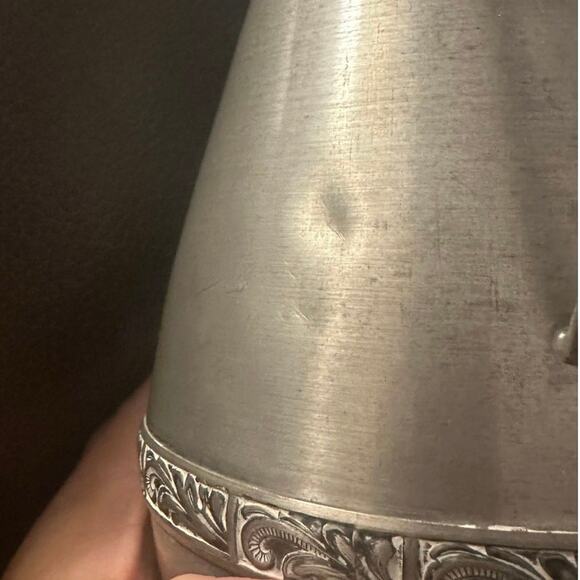 VINTAGE Norsk Tinn PEWTER Metal Pitcher Jug VASE Scrollwork 9.5 “ w/handle READ - Picture 6 of 7